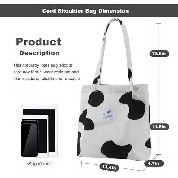 Women Cow Imported Corduroy Small Canvas Shoulder Handy Inner Pocket Tote Bag - Picture 3 of 4